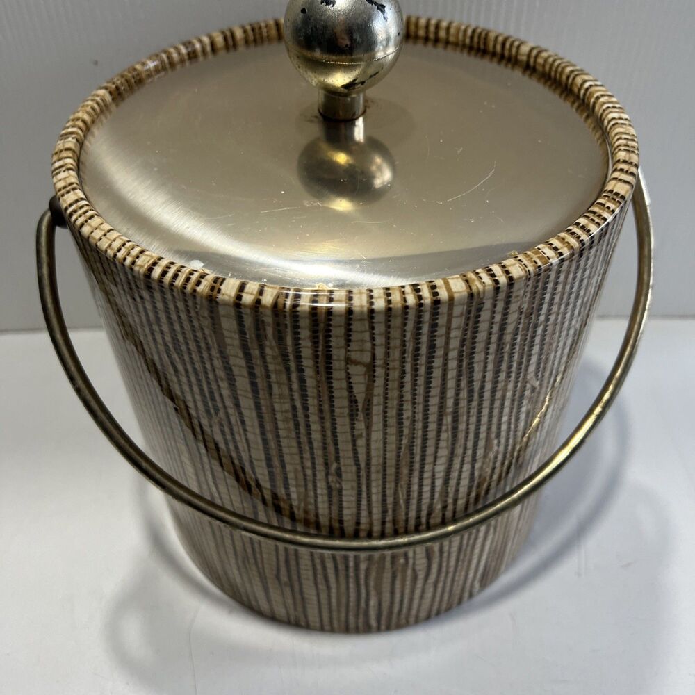 Vintage MCM Kraftware Ice Bucket ︱ Barware ︱Brown Stripes︱